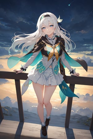 best quality, masterpiece, highres, ,firefly \(honkai: star rail\), 1girl, solo, long hair, smile, blue eyes, closed mouth, looking at viewer, outdoors, bangs, long sleeves, hair ornament, hairband, hair between eyes, cloudy sky, turquoise cape, blue sky, star \(sky\), night sky, white hair, full body, white shirt, railing, viewed from front , flowing white skirt, revealing thighs, leaning_back, standing far away, very low camera angle shot, low-angle_shot, white panties