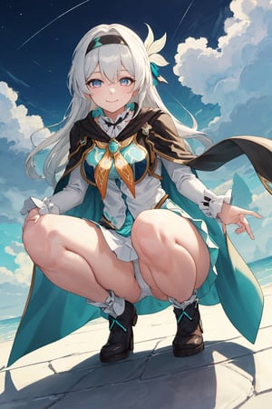 best quality, masterpiece, highres, ,firefly \(honkai: star rail\), 1girl, solo, long hair, smile, blue eyes, closed mouth, looking at viewer, outdoors, bangs, long sleeves, hair ornament, hairband, hair between eyes, cloudy sky, turquoise cape, blue sky, star \(sky\), night sky, white hair, full body, white shirt,  viewed from front , flowing white skirt, revealing thighs, leaning_back, squatting , very low camera angle shot, low-angle_shot, white panties , leg_spread