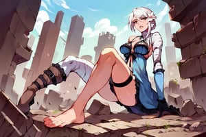 score_9, score_8_up, score_7_up, score_6_up, source_anime, BREAK masterpiece, KaineRep,white hair, breasts, negligee, bandaged arm, bandaged leg, thigh strap, hair flower, braid, asymmetrical hair, asymmetrical legwear, gloves, full body ,sexy pose, stitting down position, low camera angle  , ruins, city, overgrown vegetation, parted lips, ,