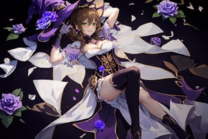 best quality, masterpiece, highres, solo, short_hair, green_eyes, bangs, brown_hair, flower, breasts, smile, hat, rose, cleavage, medium_breasts, purple_flower, witch_hat, hair_between_eyes, purple_headwear, hair_ornament, jewelry, hair_flower, purple_rose, hat_flower, blush,lisa_genshin,portrait,dark background, simple dark background,  dark background ,full_body,long_hair,illustration,line anime,, full_body, laying_down,arms_above_head, armpit, crossed_legs_(lying),sexy thighs 