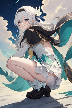 best quality, masterpiece, highres, ,firefly \(honkai: star rail\), 1girl, solo, long hair, smile, blue eyes, closed mouth, looking at viewer, outdoors, bangs, long sleeves, hair ornament, hairband, hair between eyes, cloudy sky, turquoise cape, blue sky, star \(sky\), night sky, white hair, full body, white shirt,  viewed from front , flowing white skirt, revealing thighs, leaning_back, squatting , very low camera angle shot, low-angle_shot, white panties 