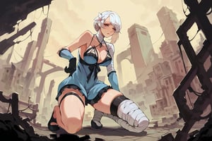 score_9, score_8_up, score_7_up, score_6_up, source_anime, BREAK masterpiece, KaineRep,white hair, breasts, negligee, bandaged arm, bandaged leg, thigh strap, hair flower, braid, asymmetrical hair, asymmetrical legwear, gloves, full body ,sexy pose, stitting down position, low camera angle  , ruins, city, overgrown vegetation, parted lips, ,