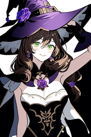 best quality, masterpiece, highres, solo, long_hair, green_eyes, bangs, brown_hair, flower, breasts, smile, hat, rose, cleavage, large_breasts, purple_flower, witch_hat, hair_between_eyes, purple_headwear, hair_ornament, jewelry, hair_flower, purple_rose, hat_flower, blush,lisa_genshin,portrait,dark background, simple dark background,  dark background ,full_body,long_hair,illustration,line anime, arm above head,armpits, face close-up , close up shot