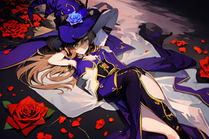 best quality, masterpiece, highres, solo, short_hair, green_eyes, bangs, brown_hair, flower, breasts, smile, hat, rose, cleavage, medium_breasts, purple_flower, witch_hat, hair_between_eyes, purple_headwear, hair_ornament, jewelry, hair_flower, purple_rose, hat_flower, blush,lisa_genshin,portrait,dark background, simple dark background,  dark background ,full_body,long_hair,illustration,line anime,, full_body, laying_down,arms_above_head, armpit, crossed_legs_(lying)