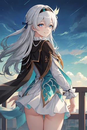 best quality, masterpiece, highres, ,firefly \(honkai: star rail\), 1girl, solo, long hair, smile, blue eyes, closed mouth, looking at viewer, outdoors, bangs, long sleeves, hair ornament, hairband, hair between eyes, cloudy sky, turquoise cape, blue sky, star \(sky\), night sky, white hair, upper body, white shirt, railing, viewed from behind , white skirt, revealing thighs, bend_over