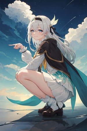 best quality, masterpiece, highres, ,firefly \(honkai: star rail\), 1girl, solo, long hair, smile, blue eyes, closed mouth, looking at viewer, outdoors, bangs, long sleeves, hair ornament, hairband, hair between eyes, cloudy sky, turquoise cape, blue sky, star \(sky\), night sky, white hair, full body, white shirt,  viewed from front , flowing white skirt, revealing thighs, leaning_back, squatting , very low camera angle shot, low-angle_shot, white panties , leg_spread