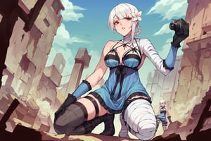 score_9, score_8_up, score_7_up, score_6_up, source_anime, BREAK masterpiece, KaineRep,white hair, breasts, negligee, bandaged arm, bandaged leg, thigh strap, hair flower, braid, asymmetrical hair, asymmetrical legwear, gloves, full body ,sexy, crouched position, low camera angle  , ruins, city, overgrown vegetation, parted lips, ,