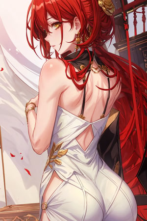 (Masterpiece, top quality, best quality, official art, beautiful and aesthetic:1.2), 1girl, official, head, yellow eyes, red hair, long hair, white dress, golden rose on neck, single earring, from_behind,ass,black coat