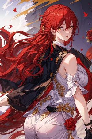 (Masterpiece, top quality, best quality, official art, beautiful and aesthetic:1.2), 1girl, official, head, yellow eyes, red hair, long hair, white dress, golden rose on neck, single earring, from_behind,ass