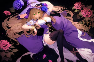 best quality, masterpiece, highres, solo, long_hair, green_eyes, bangs, brown_hair, flower, breasts, smile, hat, rose, cleavage, medium_breasts, purple_flower, witch_hat, hair_between_eyes, purple_headwear, hair_ornament, jewelry, hair_flower, purple_rose, hat_flower, blush,lisa_genshin,portrait,dark background, simple dark background,  dark background ,full_body,long_hair,illustration,line anime,, full_body, laying_down,