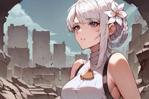 score_9, score_8_up, score_7_up, score_6_up, source_anime, BREAK masterpiece, KaineRep, white hair, breasts, asymmetrical hair, braid, hair flower, ruins, city, overgrown vegetation, parted lips, , viewed from side