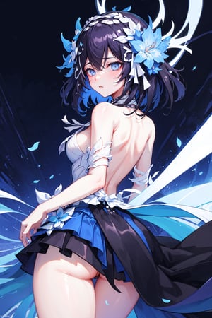 (highly detailed:1.3),1girl, solo,, horb, viewed_from_behind, Ultra-detail, (highres:1.1), best quality, (masterpiece:1.3), cinematic lighting,dark blue abstract background, bending_over, exposed_pussy ,skirt