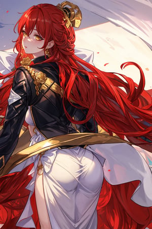 (Masterpiece, top quality, best quality, official art, beautiful and aesthetic:1.2), 1girl, official, head, yellow eyes, red hair, long hair, white dress, golden rose on neck, single earring, from_behind,ass