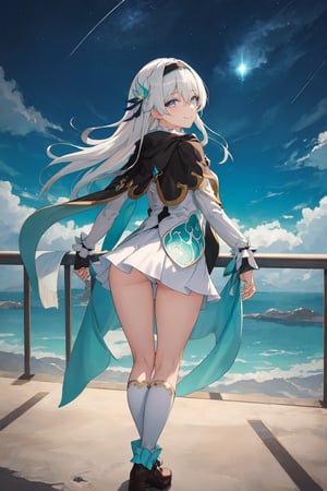 best quality, masterpiece, highres, ,firefly \(honkai: star rail\), 1girl, solo, long hair, smile, blue eyes, closed mouth, looking at viewer, outdoors, bangs, long sleeves, hair ornament, hairband, hair between eyes, cloudy sky, turquoise cape, blue sky, star \(sky\), night sky, white hair, full body, white shirt, railing, viewed from behind , bending_over, white skirt, revealing thighs