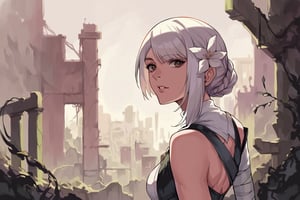 score_9, score_8_up, score_7_up, score_6_up, source_anime, BREAK masterpiece, KaineRep, white hair, breasts, asymmetrical hair, braid, hair flower, ruins, city, overgrown vegetation, parted lips, , viewed from side,lines , line art , black and white art 