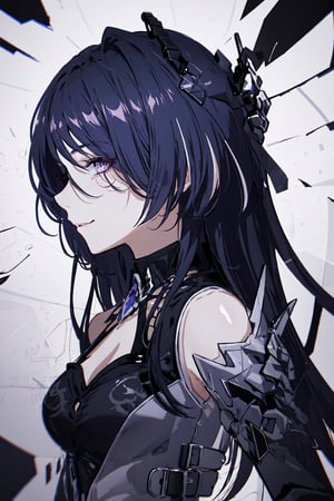 (masterpiece:1.3),(highres:1.1),best quality,1girl,solo,office,jelotopaz,hair ornament,black jacket,collared shirt,cleavage,detached sleeves,black elbow gloves,belt,black knee boots,smile, black background, from_side,line anime, dark background, black background, simple dark background ,closeup face , face only , upclose, face, face image ,glass,hair over one eye, broken glass, dark background, 
