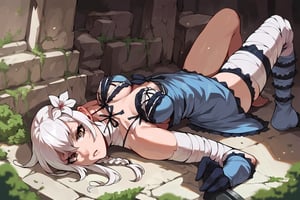 score_9, score_8_up, score_7_up, score_6_up, source_anime, BREAK masterpiece, , KaineRep, white hair, breasts, negligee, bandaged arm, bandaged leg, thigh strap, hair flower, braid, asymmetrical hair, asymmetrical legwear, gloves, parted lips, lying, on back,   , ruins, city, overgrown vegetation