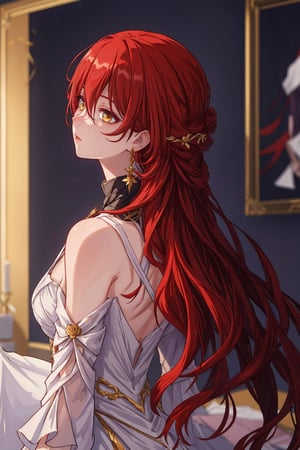 (Masterpiece, top quality, best quality, official art, beautiful and aesthetic:1.2), 1girl, official, head, yellow eyes, red hair, long hair, white dress, golden rose on neck, single earring, from_behind