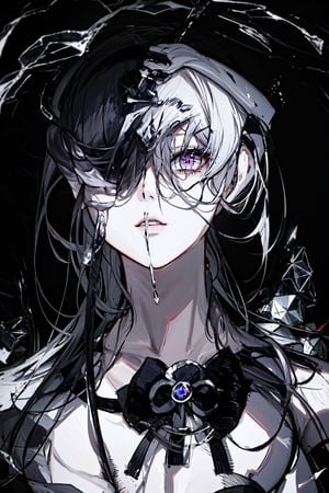 (masterpiece:1.3),(highres:1.1),best quality,1girl,solo,office,black background, ,line anime, dark background, black background, simple dark background ,closeup face , face only , upclose, face, face image ,glass,hair over one eye, broken glass, dark background, 