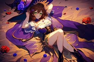 best quality, masterpiece, highres, solo, short_hair, green_eyes, bangs, brown_hair, flower, breasts, smile, hat, rose, cleavage, medium_breasts, purple_flower, witch_hat, hair_between_eyes, purple_headwear, hair_ornament, jewelry, hair_flower, purple_rose, hat_flower, blush,lisa_genshin,portrait,dark background, simple dark background,  dark background ,full_body,long_hair,illustration,line anime,, full_body, laying_down,arms_above_head, armpit, crossed_legs_(lying)