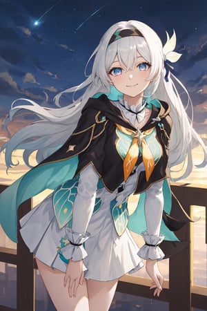 best quality, masterpiece, highres, ,firefly \(honkai: star rail\), 1girl, solo, long hair, smile, blue eyes, closed mouth, looking at viewer, outdoors, bangs, long sleeves, hair ornament, hairband, hair between eyes, cloudy sky, turquoise cape, blue sky, star \(sky\), night sky, white hair, upper body, white shirt, railing, viewed from front , white skirt, revealing thighs, leaning_forward 