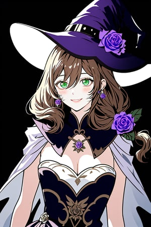 best quality, masterpiece, highres, solo, long_hair, green_eyes, bangs, brown_hair, flower, breasts, smile, hat, rose, cleavage, large_breasts, purple_flower, witch_hat, hair_between_eyes, purple_headwear, hair_ornament, jewelry, hair_flower, purple_rose, hat_flower, blush,lisa_genshin,portrait,dark background, simple dark background,  dark background ,full_body,long_hair,illustration,line anime, armpits, face close-up , close up shot