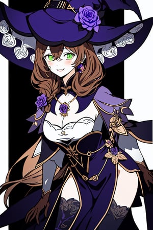 best quality, masterpiece, highres, solo, long_hair, green_eyes, bangs, brown_hair, flower, breasts, smile, hat, rose, cleavage, large_breasts, purple_flower, witch_hat, hair_between_eyes, purple_headwear, hair_ornament, jewelry, hair_flower, purple_rose, hat_flower, blush,lisa_genshin,portrait,dark background, simple dark background,  dark background , bending over , leaning_forward, leaning_forward  , standing and leaning,full_body,long_hair,illustration,line anime