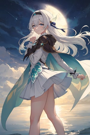 best quality, masterpiece, highres, ,firefly \(honkai: star rail\), 1girl, solo, long hair, smile, blue eyes, closed mouth, looking at viewer, outdoors, bangs, long sleeves, hair ornament, hairband, hair between eyes, cloudy sky, turquoise cape, blue sky, star \(sky\), night sky, white hair, full body, white shirt,  viewed from side, flowing white skirt, revealing thighs, standing 