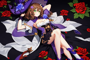 best quality, masterpiece, highres, solo, short_hair, green_eyes, bangs, brown_hair, flower, breasts, smile, hat, rose, cleavage, medium_breasts, purple_flower, witch_hat, hair_between_eyes, purple_headwear, hair_ornament, jewelry, hair_flower, purple_rose, hat_flower, blush,lisa_genshin,portrait,dark background, simple dark background,  dark background ,full_body,long_hair,illustration,line anime,, full_body, laying_down,arms_above_head, armpit, crossed_legs_(lying)