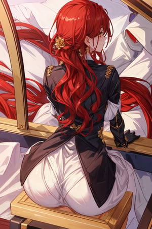 (Masterpiece, top quality, best quality, official art, beautiful and aesthetic:1.2), 1girl, official, head, yellow eyes, red hair, long hair, white dress, golden rose on neck, single earring, from_behind,ass,black coat