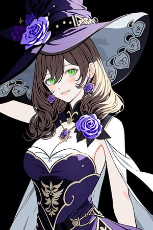 best quality, masterpiece, highres, solo, long_hair, green_eyes, bangs, brown_hair, flower, breasts, smile, hat, rose, cleavage, large_breasts, purple_flower, witch_hat, hair_between_eyes, purple_headwear, hair_ornament, jewelry, hair_flower, purple_rose, hat_flower, blush,lisa_genshin,portrait,dark background, simple dark background,  dark background ,full_body,long_hair,illustration,line anime, arms_above_head, armpits, face close-up 