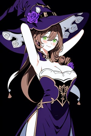 best quality, masterpiece, highres, solo, long_hair, green_eyes, bangs, brown_hair, flower, breasts, smile, hat, rose, cleavage, large_breasts, purple_flower, witch_hat, hair_between_eyes, purple_headwear, hair_ornament, jewelry, hair_flower, purple_rose, hat_flower, blush,lisa_genshin,portrait,dark background, simple dark background,  dark background ,full_body,long_hair,illustration,line anime, arms_above_head, armpits, face close-up 