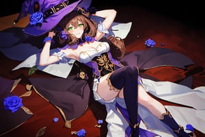 best quality, masterpiece, highres, solo, short_hair, green_eyes, bangs, brown_hair, flower, breasts, smile, hat, rose, cleavage, medium_breasts, purple_flower, witch_hat, hair_between_eyes, purple_headwear, hair_ornament, jewelry, hair_flower, purple_rose, hat_flower, blush,lisa_genshin,portrait,dark background, simple dark background,  dark background ,full_body,long_hair,illustration,line anime,, full_body, laying_down,arms_above_head, armpit, crossed_legs_(lying),sexy thighs 