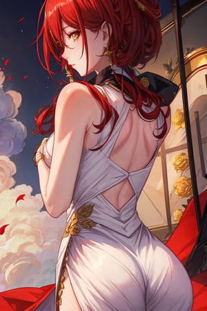 (Masterpiece, top quality, best quality, official art, beautiful and aesthetic:1.2), 1girl, official, head, yellow eyes, red hair, long hair, white dress, golden rose on neck, single earring, from_behind,ass,black coat