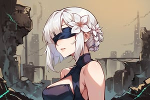 score_9, score_8_up, score_7_up, score_6_up, source_anime, BREAK masterpiece, KaineRep, white hair, breasts, asymmetrical hair, braid, hair flower, blindfold, 2b (nier:automata) (cosplay), ruins, city, overgrown vegetation, parted lips, , viewed from side