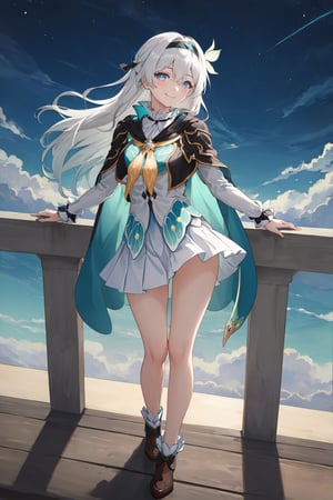 best quality, masterpiece, highres, ,firefly \(honkai: star rail\), 1girl, solo, long hair, smile, blue eyes, closed mouth, looking at viewer, outdoors, bangs, long sleeves, hair ornament, hairband, hair between eyes, cloudy sky, turquoise cape, blue sky, star \(sky\), night sky, white hair, full body, white shirt, railing, viewed from front , flowing white skirt, revealing thighs, leaning_back, standing far away, high camera angle shot, upshot