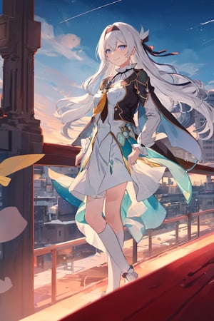 best quality, masterpiece, highres, ,firefly \(honkai: star rail\), 1girl, solo, long hair, smile, blue eyes, closed mouth, looking at viewer, outdoors, bangs, long sleeves, hair ornament, hairband, hair between eyes, cloudy sky, red cape, blue sky, star \(sky\), night sky, white hair, upper body, white shirt, railing,