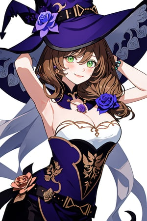 best quality, masterpiece, highres, solo, long_hair, green_eyes, bangs, brown_hair, flower, breasts, smile, hat, rose, cleavage, large_breasts, purple_flower, witch_hat, hair_between_eyes, purple_headwear, hair_ornament, jewelry, hair_flower, purple_rose, hat_flower, blush,lisa_genshin,portrait,dark background, simple dark background,  dark background ,full_body,long_hair,illustration,line anime, arms_above_head, armpits, face close-up , close up shot