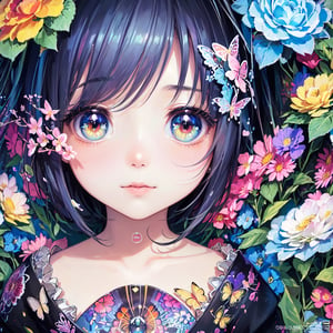 (masterpiece:1.1), (highest quality:1.1), (HDR:1.0), ambient light, ultra-high quality,( ultra detailed original illustration), (1girl, upper body), ((harajuku fashion)), ((flowers with human eyes, flower eyes)), double exposure, fusion of fluid abstract art, glitch, (original illustration composition), (fusion of limited color, maximalism artstyle, geometric artstyle, butterflies, junk art)