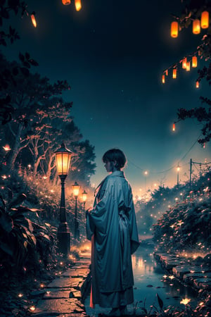 Person in robe  holding a lantern exploring back view, magical place, night, fireflies, magical, mysterious, elaborate scene style, glitter, orange, realistic style, 8k,exposure blend, medium shot, bokeh, (hdr:1.4), high contrast, (cinematic, blue and white film), (muted colors, dim colors, soothing tones:1.3), low saturation, (hyperdetailed:1.2), (noir:0.4)