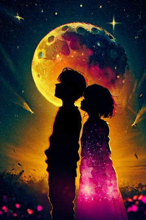Watercolor style l, moon and stars, cinematic, orange , magenta, 2 child , boy and girl looking at the beautiful, back view,no_humans,Wlop,	 SILHOUETTE LIGHT PARTICLES