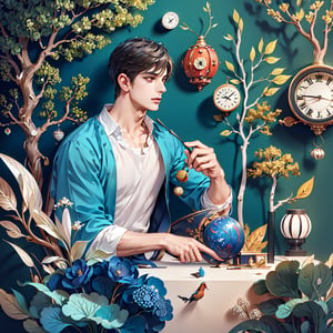 (masterpiece:1.1), (highest quality:1.1), (HDR:1.0), ambient light, ultra-high quality,( ultra detailed original illustration), (1male, upper body, front view camera, masculine, handsome, short hair, black hair, brown eyes), ((elegant fashion)), ((tree branches, clocks)), double exposure, fusion of fluid abstract art, glitch, (original illustration composition), (fusion of limited color, maximalism artstyle, geometric artstyle, junk art),paper_cut,1boy