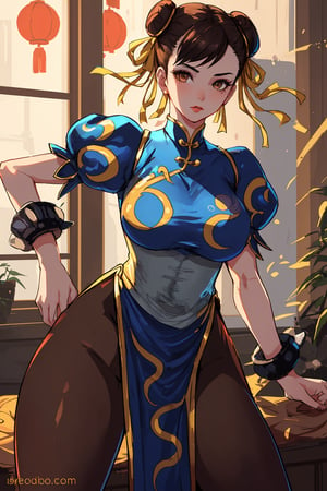 1girl,looking at viewer,sf2 chun li,brown hair,thighs,sexy female,perfect brown eyes ,makeup,yellow ribbon,blue clothes,black pantyhose,chinese clothing,indoor lighting,face lighing, leaning