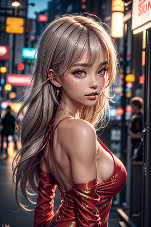 8K, masterpiece, raw photo, best quality, detail:1.2), Photorealistic, Extremely detaileded Cg Unity 8K wallpaper, depth of field, cinematic light, Lens flare, ray tracing, (extremely beautiful face, beautiful lips, pretty eyes ), intricate detail face, ((ultra detailed skin)) 1 girl, in the dark, deep shadow, cute Korean girl, kpop idol, (Very thin and slender muscular body), ((see viewer)), (big smile ), (tight mini dress), (pink dress), (Injection Sleeve), (City Night, (neon lights sign), (Night), cute Korean girl, earrings, bracelet, necklace, pantyhose, Light eyes, Walking , (pale skin), look forward, (big eyes), ((shots on upper body)), dress well, silk dress, Back, back shot, Very thin, slander