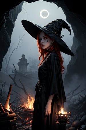 (masterpiece, best quality), 1girl, witch_hat, 10 years old, long hair, big witch hat, covering half face,  side view, fog, rays, rain, ravens, wolfs, black and orange hair, inside a cave, spell bound, old_black_ripped_long dress,  illuminated_moonlight, campfire, night, stars, bats, bones, bone_jewerly, skulls, energy floating , rays of fire, black wolf in the background with yellow eyes,1GIRL SHINJOU_AKANE,yofukashi background,Detailedface,jolynejojo,Ranni,odelschwanck,n_2b