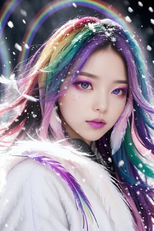 masterpiece, best quality, 1girl,(balanced pupil), rainbow and purple swirling vortexes colorful cloudy and smoke and colorful background, (snowing) (( swirling vortexes colorful hair)), white fur coat, ((long curve Hair)), ((front)), emotional face, close up, studio light, studio, (((makeup portrait, pink eye shadow))), ((with many purple rainbow swirling vortexes colorful snow and feather on face)),elegant