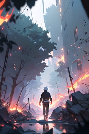 "Compose an intense and vivid scene of GoJo Satoru, short White Hair,his blue eyes aflame with anger, immersed in a high-stakes battle, with a backdrop of blazing, otherworldly fire effects that pay homage to the artistic mastery of Makoto Shinkai."