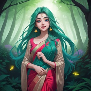 In a breathtaking and enchanting magical forest, a charming young girl stands amidst the lush, ancient trees. She is a vision of innocence and beauty, radiating joy and wonder.

Attire: She is dressed in a vibrant and elegant saree, the fabric flowing gracefully as if woven by the forest itself. The saree's colors blend harmoniously with the natural surroundings, featuring shades of deep green, earthy browns, and hints of ethereal blues and purples.

Expression: With a heartwarming smile gracing her lips, her eyes are filled with pure delight as she takes in the mystical wonders of the forest. Her smile reflects the joy of discovering the enchantment that surrounds her.

Surroundings: The magical forest is alive with vibrant flora and fauna. Glowing fireflies dance around her, and luminescent mushrooms emit a soft, otherworldly light, casting a gentle, enchanting glow on her and the forest floor.

Hair: Her long, flowing hair is adorned with delicate, iridescent flowers, their petals shimmering in the ambient light. A gentle breeze ruffles her hair, giving her an ethereal and dreamlike aura.

Aura: There's an aura of innocence and wonder about her, as if she is a part of the forest's enchantment, connected to its mysteries in a profound way.