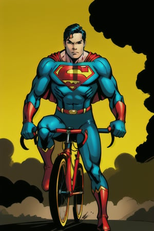 super man 
super hero he have a super bike 
he is riding that bike 
his suit colour is green and yellow 