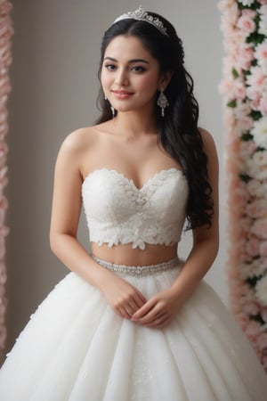 a gorgeous woman with piercing (black-eyes,  She radiates happiness and beauty in her adorable soft midriff, cinematic film still 1girl,  lips,  wet_long_hair, she at a room,  position _one_side , midriff,  photorealistic,  realistic, she in a big Gown with flowers  full size image